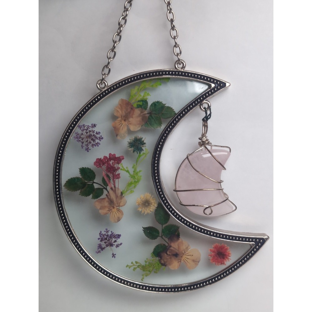 Vintage Dried Pressed Flowers Glass Metal half Moon Frame Hanging W/Rose Quartz - Picture 4 of 13
